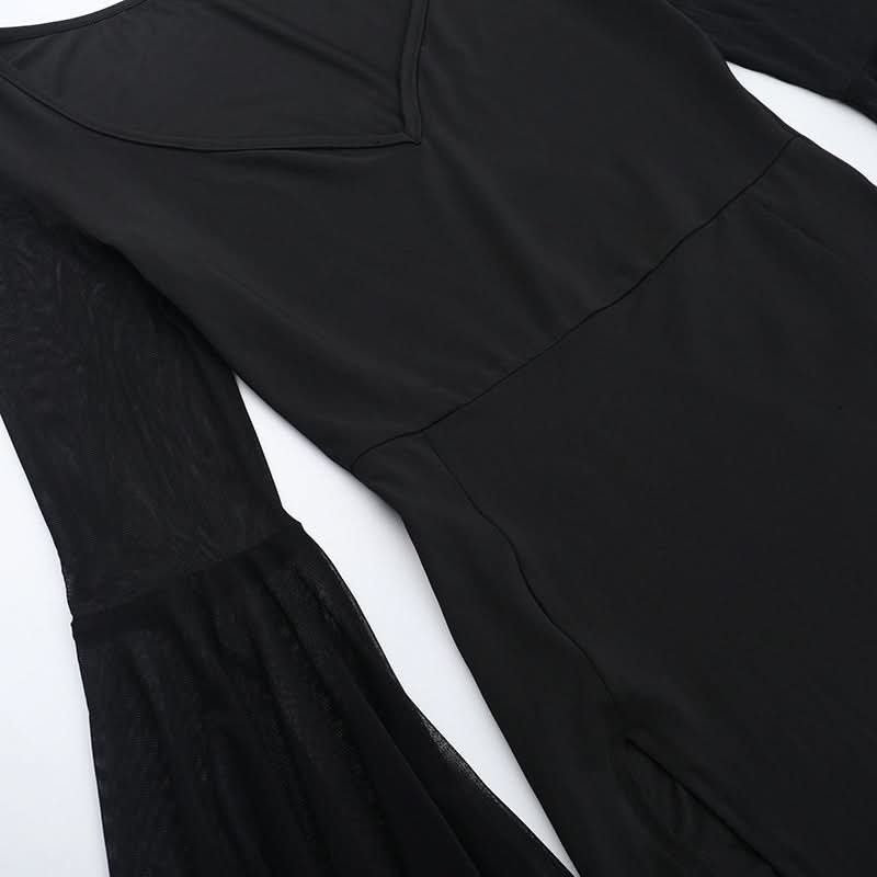 Bewitching Black Gothic Corset Maxi Dress with Bell Sleeves & High Slits - Perfect for Halloween & Fall Parties