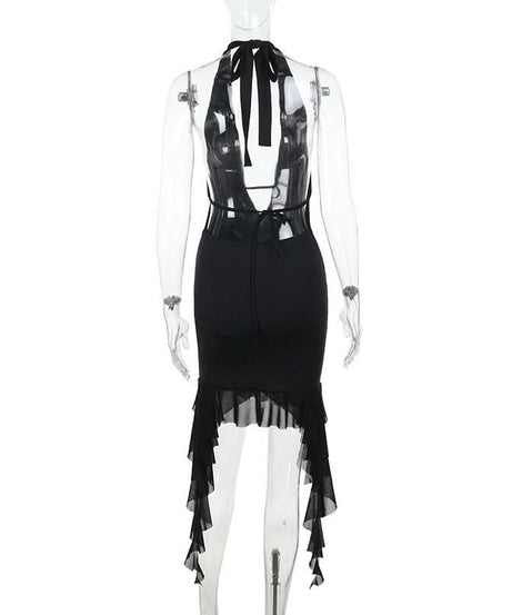 Siren's Call: Black Halter Lace-Up Deep V Mini Dress with Dramatic Ruffle Hem – Your Ultimate Fall Party & NYE Statement