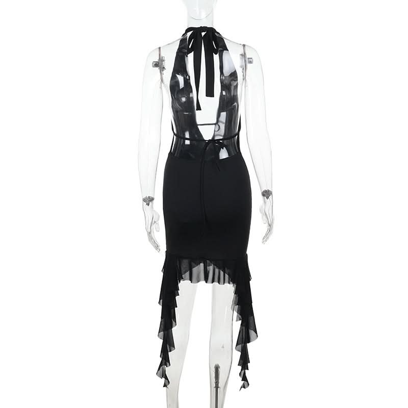 Siren's Call: Black Halter Lace-Up Deep V Mini Dress with Dramatic Ruffle Hem – Your Ultimate Fall Party & NYE Statement