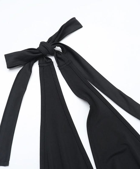 Siren's Call: Black Halter Lace-Up Deep V Mini Dress with Dramatic Ruffle Hem – Your Ultimate Fall Party & NYE Statement