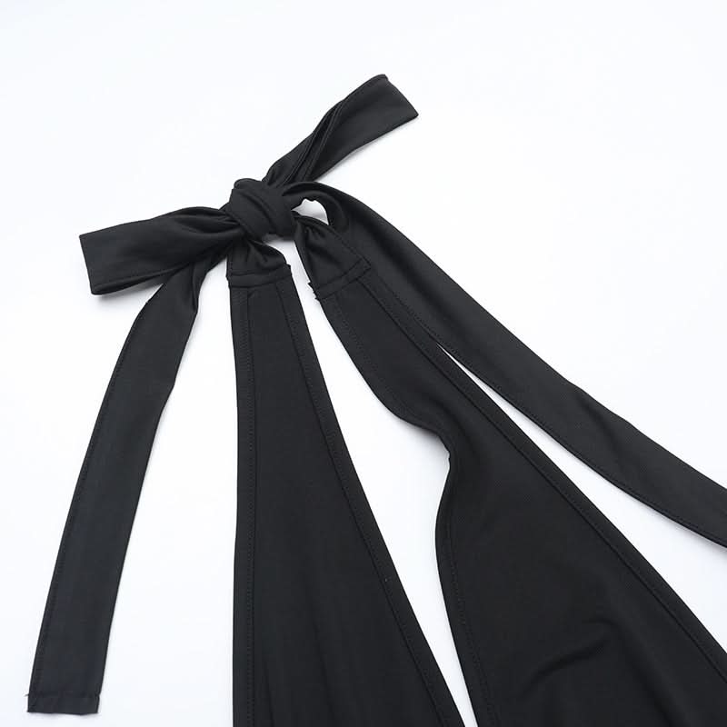 Siren's Call: Black Halter Lace-Up Deep V Mini Dress with Dramatic Ruffle Hem – Your Ultimate Fall Party & NYE Statement