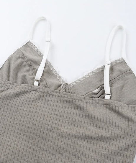 Effortless Chic Ribbed Knit Lace Cami Top with Self-Tie V-Neck - Versatile Fall Layering