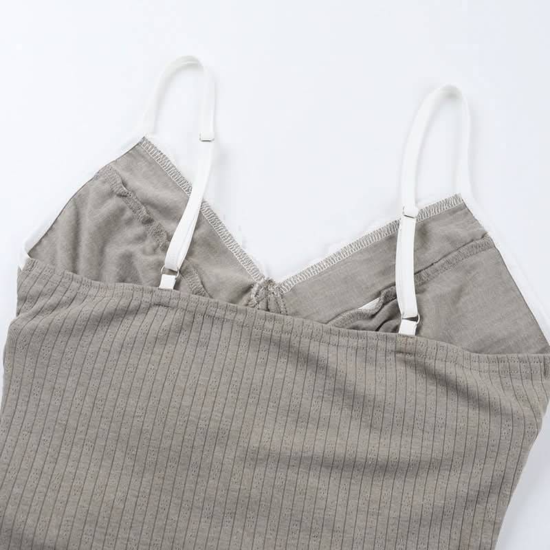 Effortless Chic Ribbed Knit Lace Cami Top with Self-Tie V-Neck - Versatile Fall Layering