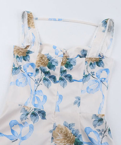 Romantic Floral & Ribbon Midi Dress - Dreamy Drawstring Cami for Vacation & Escape