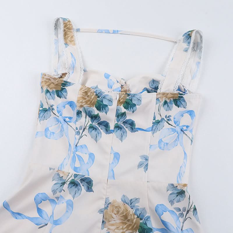 Romantic Floral & Ribbon Midi Dress - Dreamy Drawstring Cami for Vacation & Escape