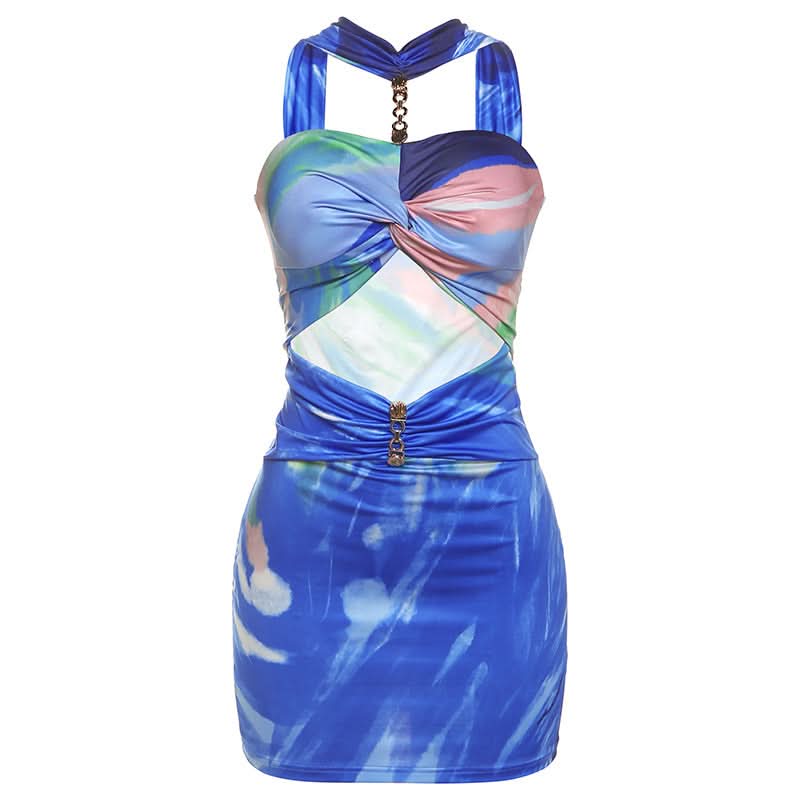 Vibrant Abstract Swirl Halter Cut-Out Mini Dress | Bodycon for Resort & Party Season