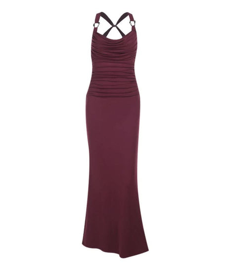 Elegant Burgundy Ruched Cowl Neck Maxi Dress | Chic Cross-Back Formal Gown for Fall & Holidays