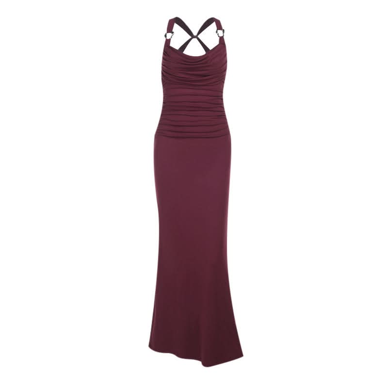 Elegant Burgundy Ruched Cowl Neck Maxi Dress | Chic Cross-Back Formal Gown for Fall & Holidays
