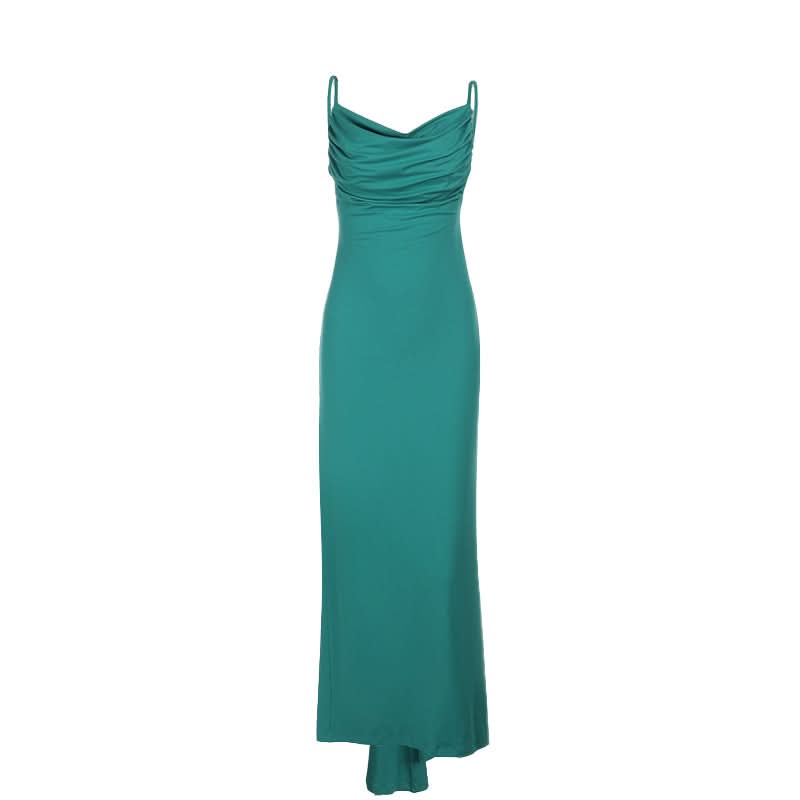 Emerald Green Ruched Cowl Neck Backless Maxi Dress – Holiday & Gala Ready