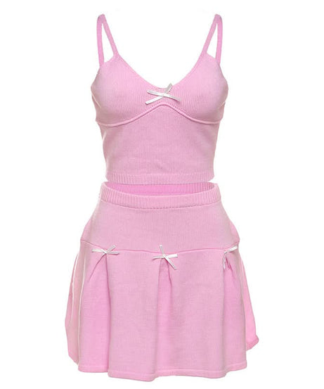 Dreamy Coquette Pink Knit Set: Bow Cami Crop Top & Pleated Mini Skirt (Perfect for Fall Styling!)