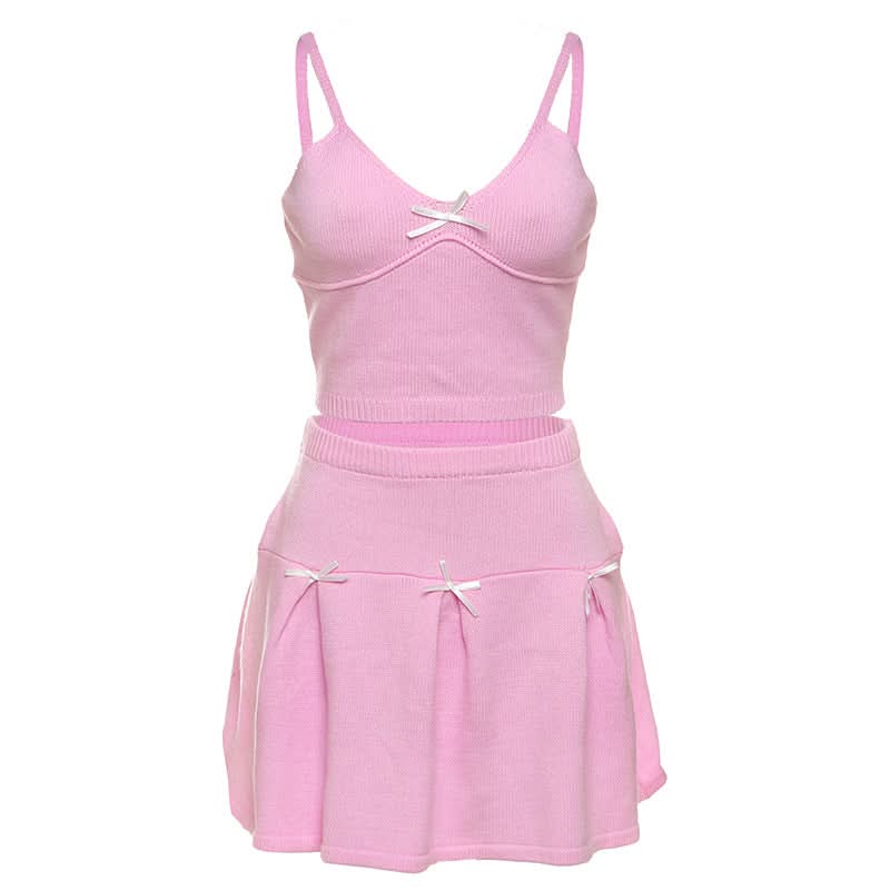 Dreamy Coquette Pink Knit Set: Bow Cami Crop Top & Pleated Mini Skirt (Perfect for Fall Styling!)