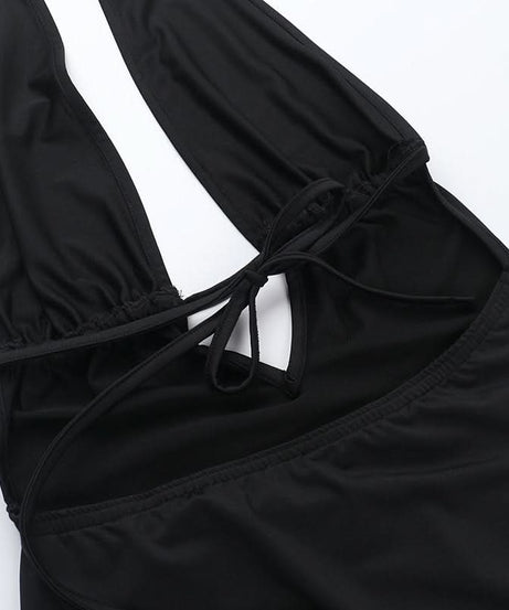 Siren's Call: Black Halter Lace-Up Deep V Mini Dress with Dramatic Ruffle Hem – Your Ultimate Fall Party & NYE Statement