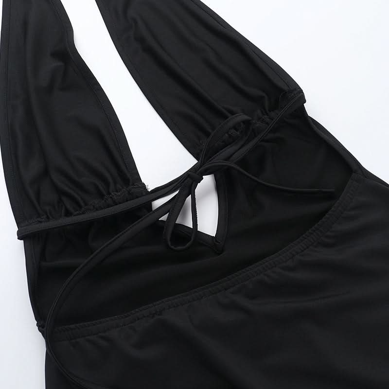 Siren's Call: Black Halter Lace-Up Deep V Mini Dress with Dramatic Ruffle Hem – Your Ultimate Fall Party & NYE Statement