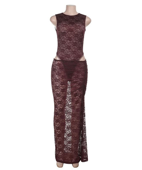 Sultry Fall Nights: Deep Burgundy Lace Cutout Bodysuit & Maxi Skirt Set