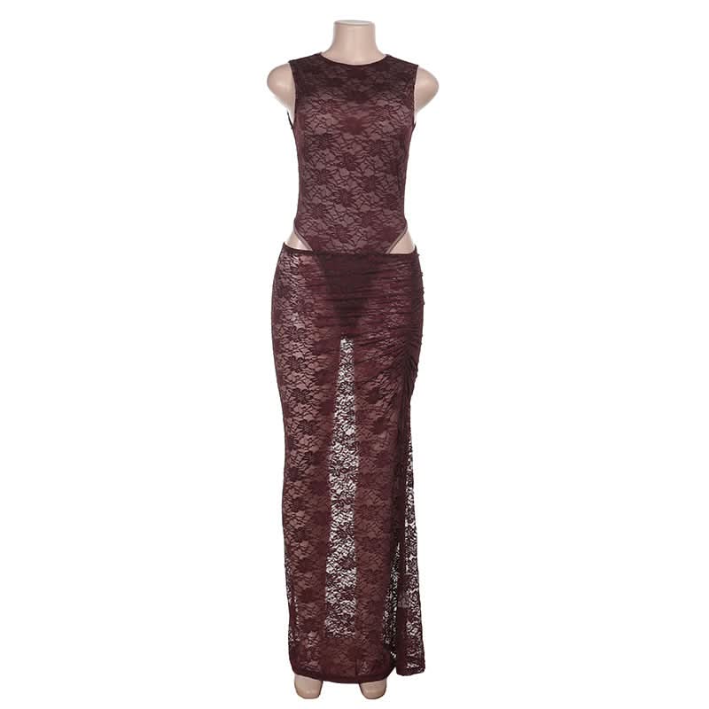 Sultry Fall Nights: Deep Burgundy Lace Cutout Bodysuit & Maxi Skirt Set