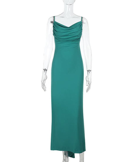 Emerald Green Ruched Cowl Neck Backless Maxi Dress – Holiday & Gala Ready