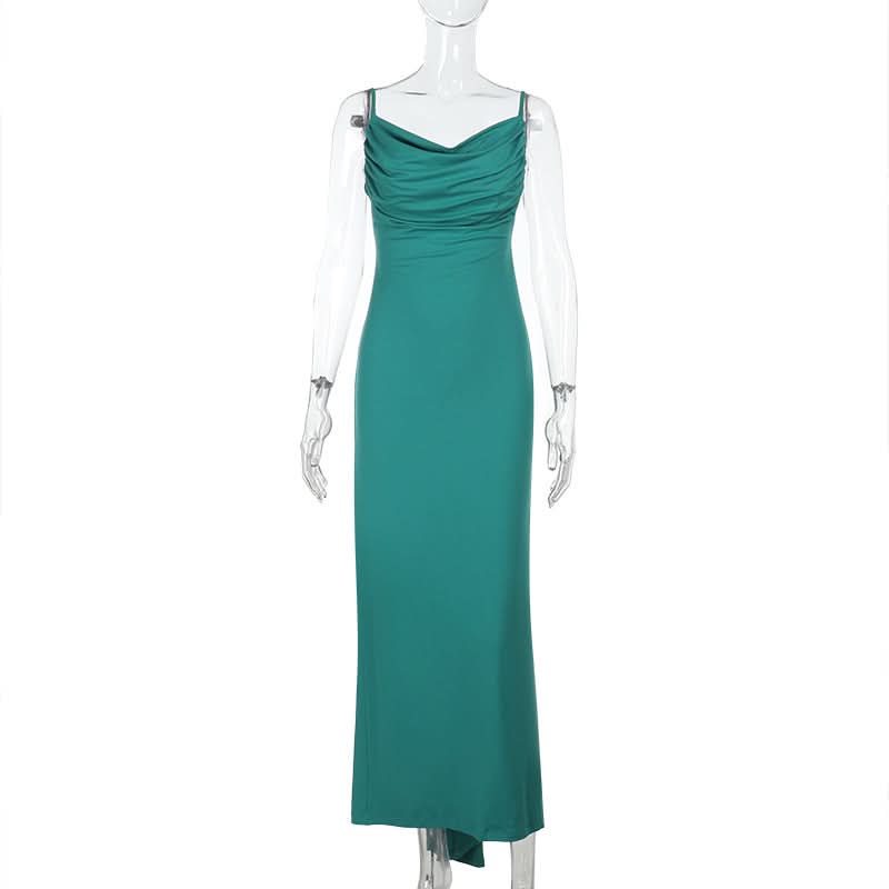 Emerald Green Ruched Cowl Neck Backless Maxi Dress – Holiday & Gala Ready