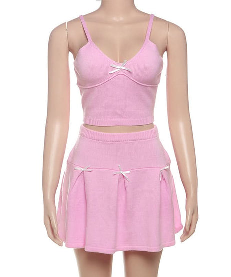 Dreamy Coquette Pink Knit Set: Bow Cami Crop Top & Pleated Mini Skirt (Perfect for Fall Styling!)