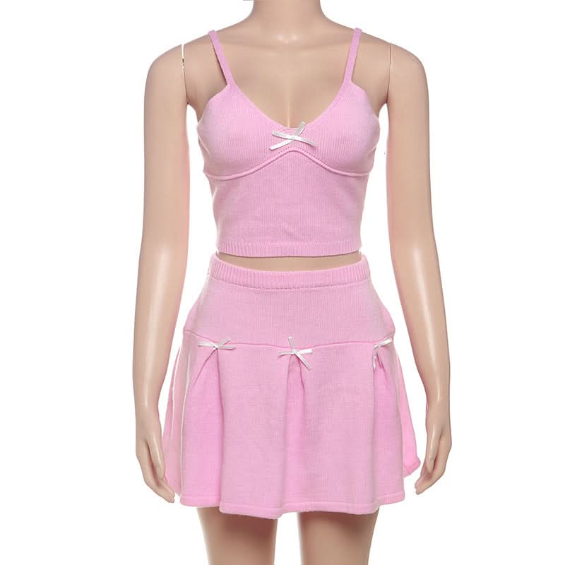 Dreamy Coquette Pink Knit Set: Bow Cami Crop Top & Pleated Mini Skirt (Perfect for Fall Styling!)