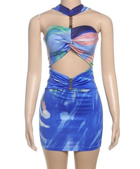 Vibrant Abstract Swirl Halter Cut-Out Mini Dress | Bodycon for Resort & Party Season