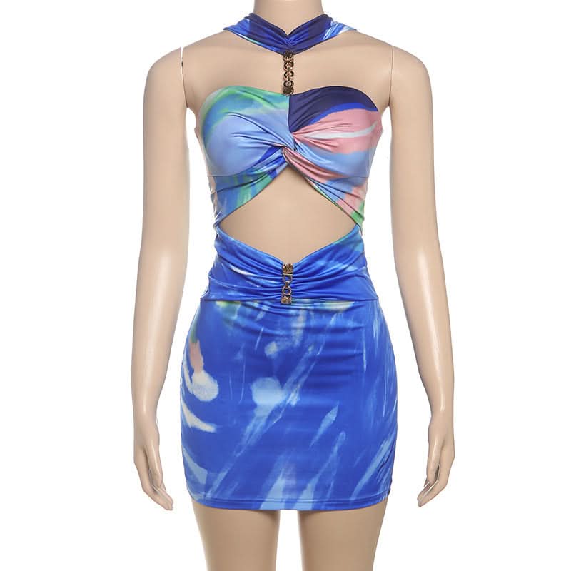 Vibrant Abstract Swirl Halter Cut-Out Mini Dress | Bodycon for Resort & Party Season