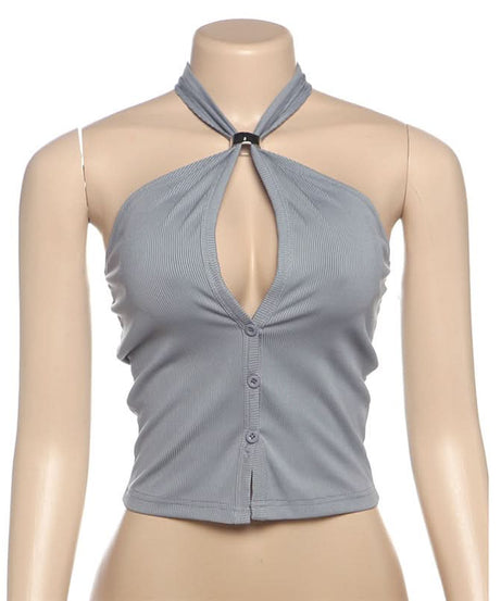 Chic Ribbed Halter Top | Keyhole Button Front Crop | Y2K Fall Style
