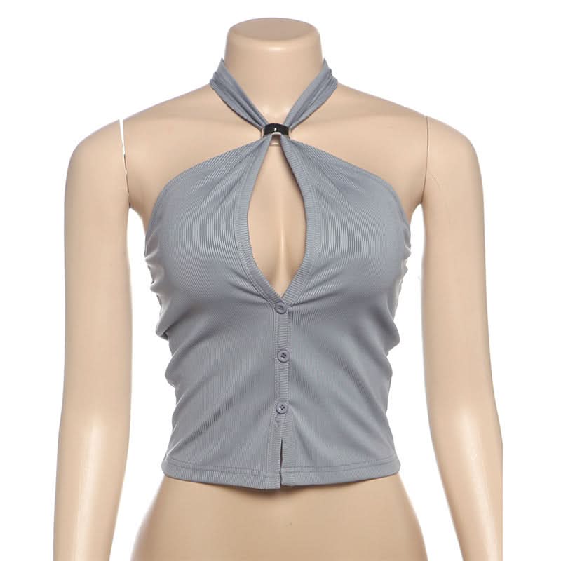 Chic Ribbed Halter Top | Keyhole Button Front Crop | Y2K Fall Style