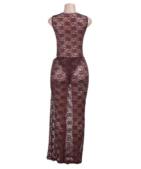 Sultry Fall Nights: Deep Burgundy Lace Cutout Bodysuit & Maxi Skirt Set