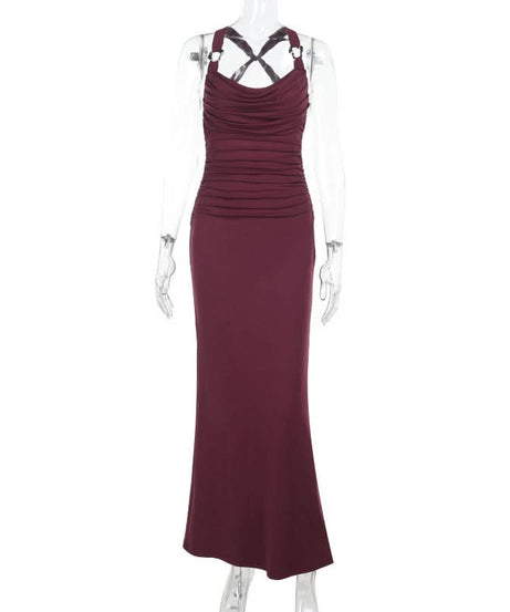 Elegant Burgundy Ruched Cowl Neck Maxi Dress | Chic Cross-Back Formal Gown for Fall & Holidays