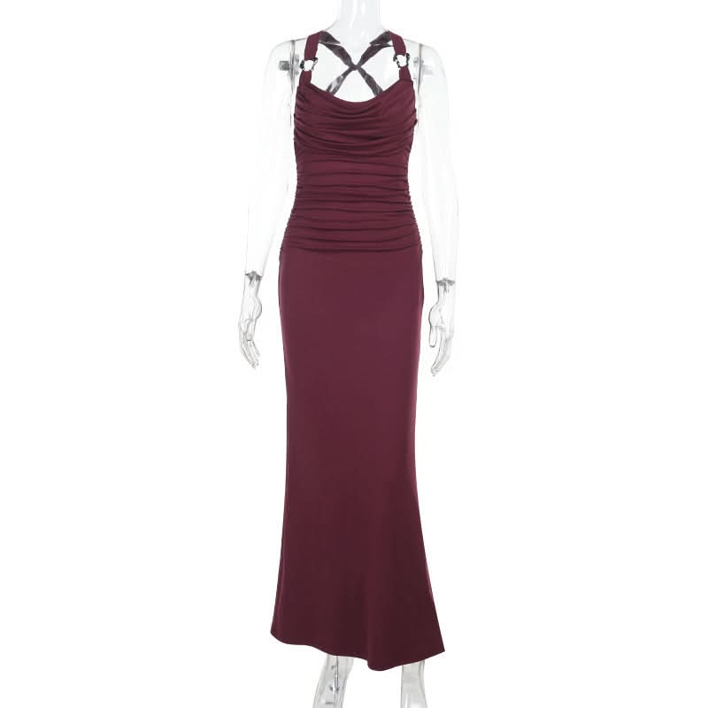 Elegant Burgundy Ruched Cowl Neck Maxi Dress | Chic Cross-Back Formal Gown for Fall & Holidays