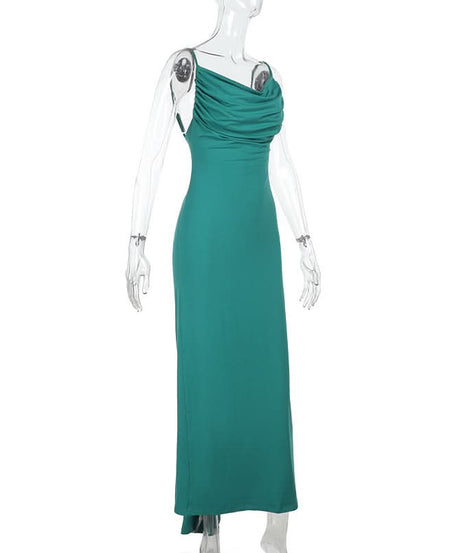 Emerald Green Ruched Cowl Neck Backless Maxi Dress – Holiday & Gala Ready