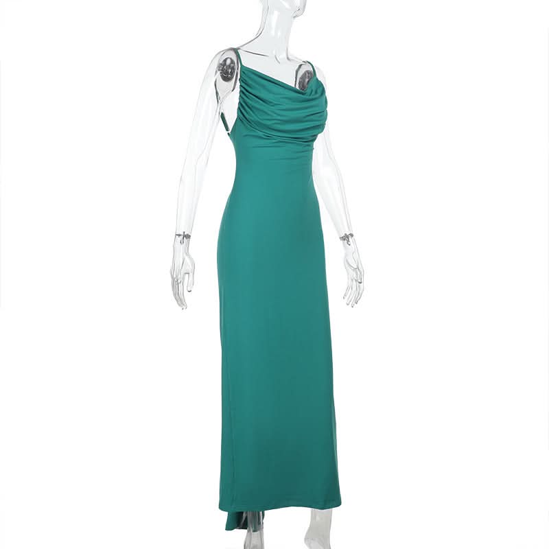 Emerald Green Ruched Cowl Neck Backless Maxi Dress – Holiday & Gala Ready