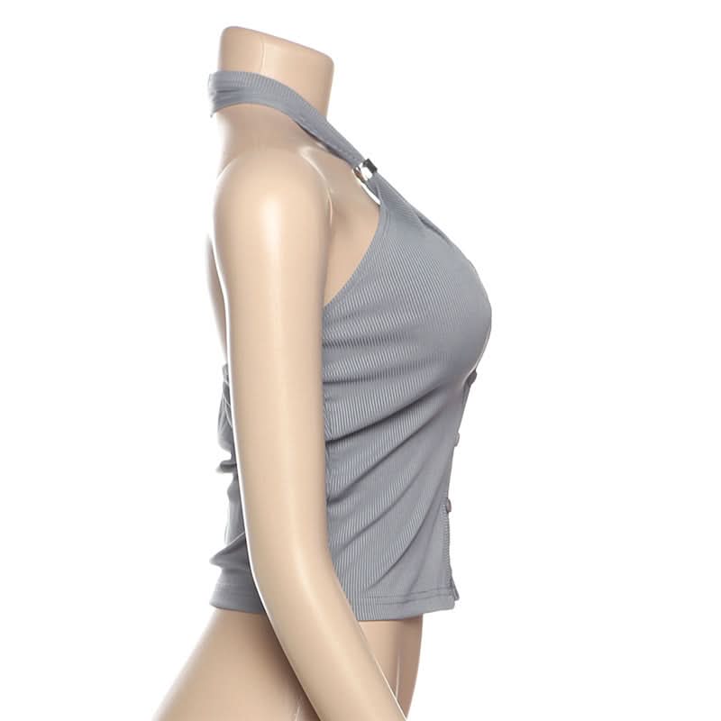 Chic Ribbed Halter Top | Keyhole Button Front Crop | Y2K Fall Style