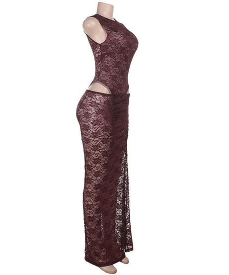 Sultry Fall Nights: Deep Burgundy Lace Cutout Bodysuit & Maxi Skirt Set