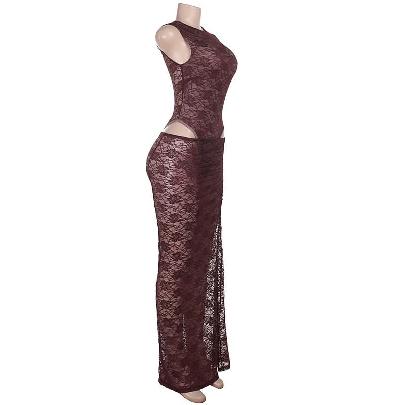 Sultry Fall Nights: Deep Burgundy Lace Cutout Bodysuit & Maxi Skirt Set