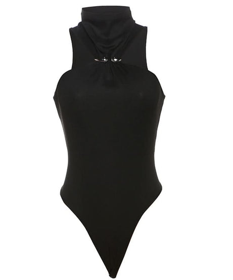 Chic Black High-Neck Sleeveless Bodysuit with O-Ring Detail – Your Fall Fashion Essential