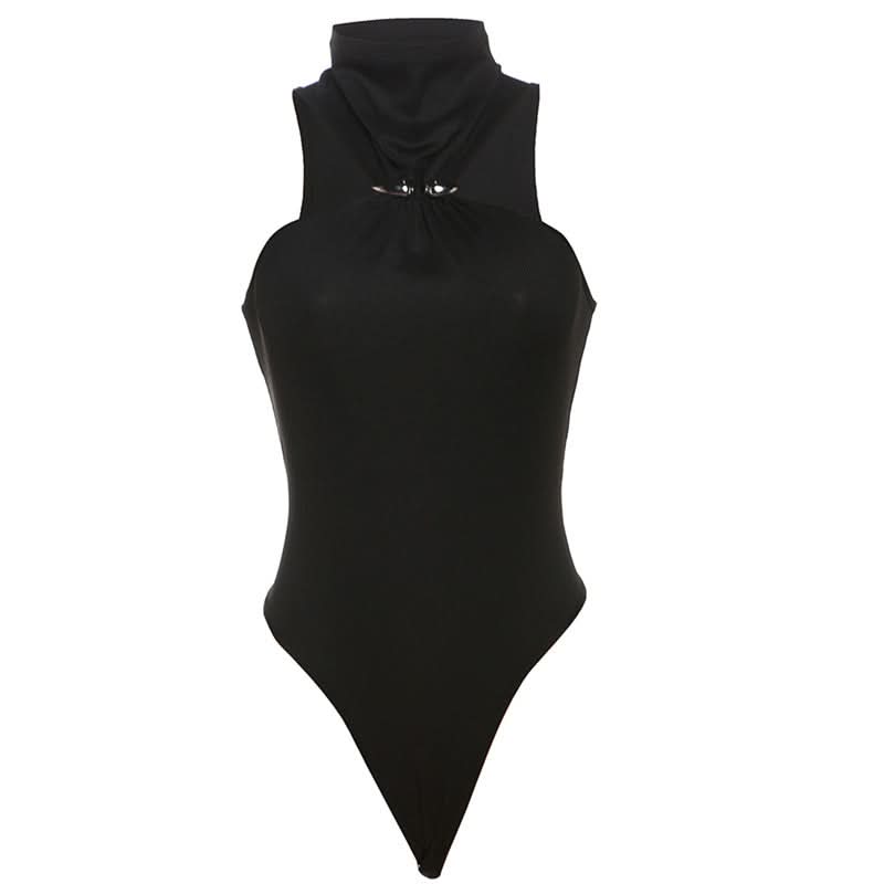 Chic Black High-Neck Sleeveless Bodysuit with O-Ring Detail – Your Fall Fashion Essential