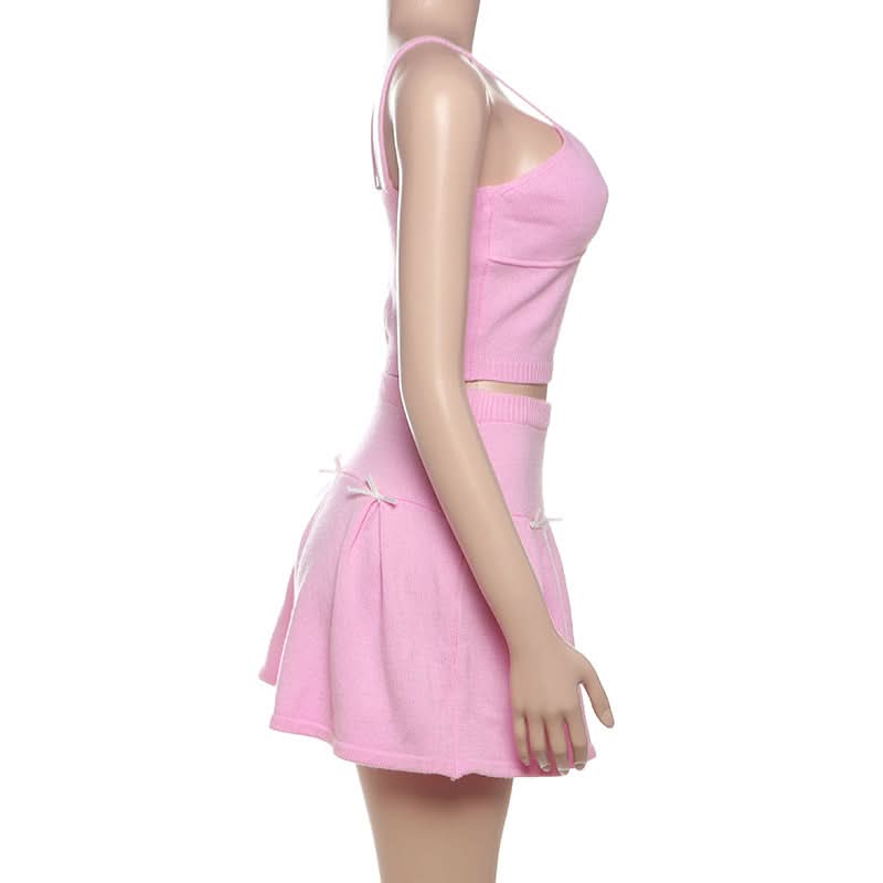 Dreamy Coquette Pink Knit Set: Bow Cami Crop Top & Pleated Mini Skirt (Perfect for Fall Styling!)