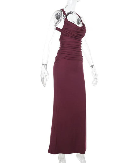 Elegant Burgundy Ruched Cowl Neck Maxi Dress | Chic Cross-Back Formal Gown for Fall & Holidays