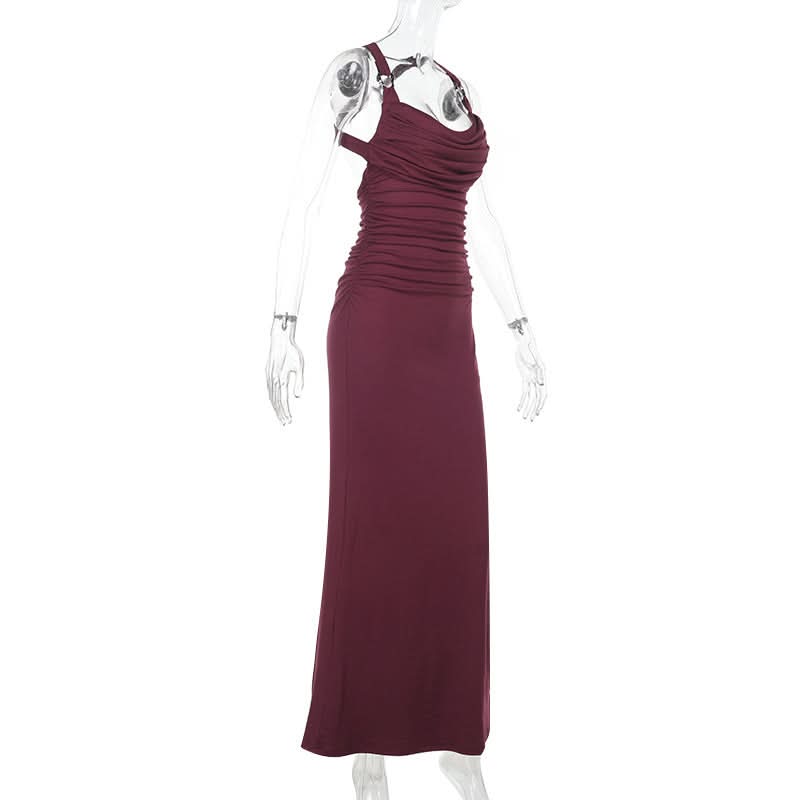 Elegant Burgundy Ruched Cowl Neck Maxi Dress | Chic Cross-Back Formal Gown for Fall & Holidays
