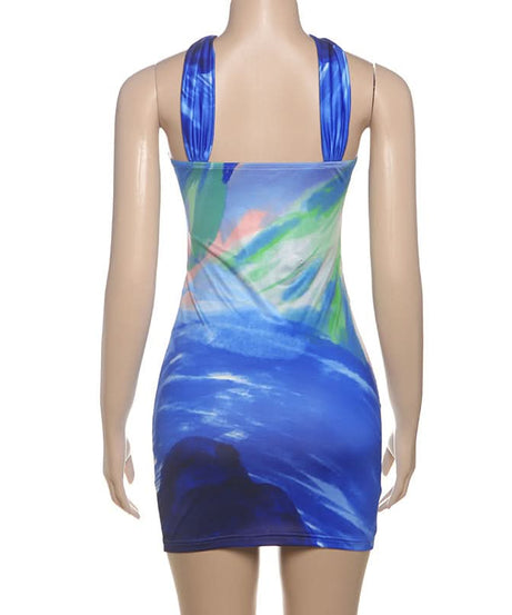 Vibrant Abstract Swirl Halter Cut-Out Mini Dress | Bodycon for Resort & Party Season