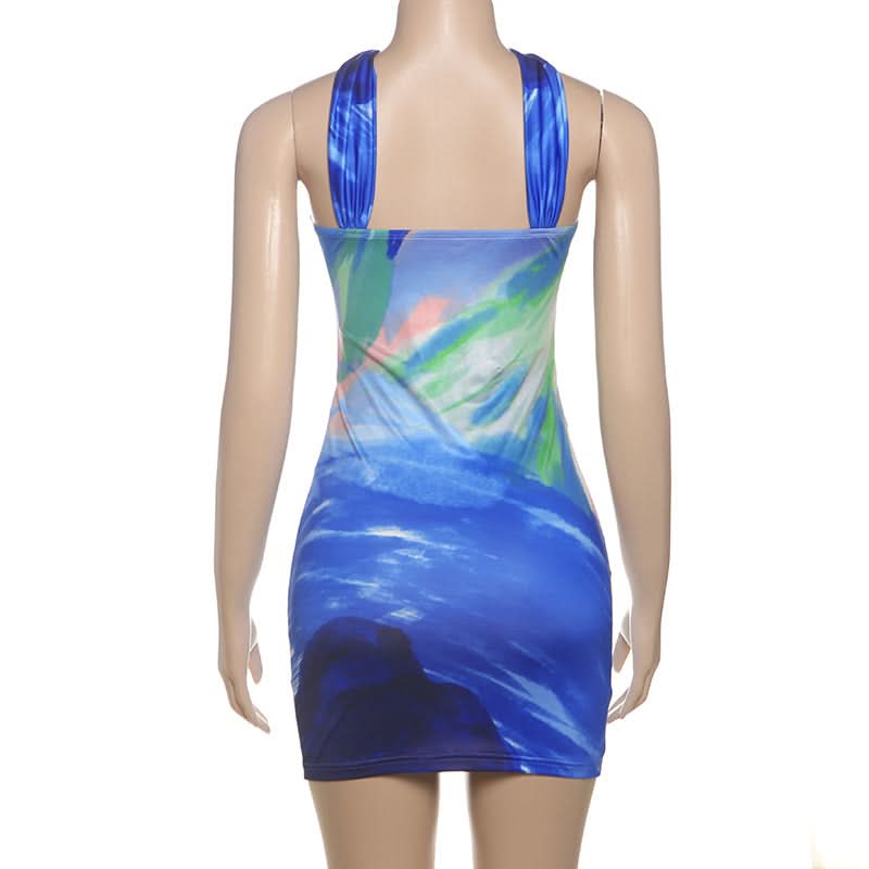 Vibrant Abstract Swirl Halter Cut-Out Mini Dress | Bodycon for Resort & Party Season