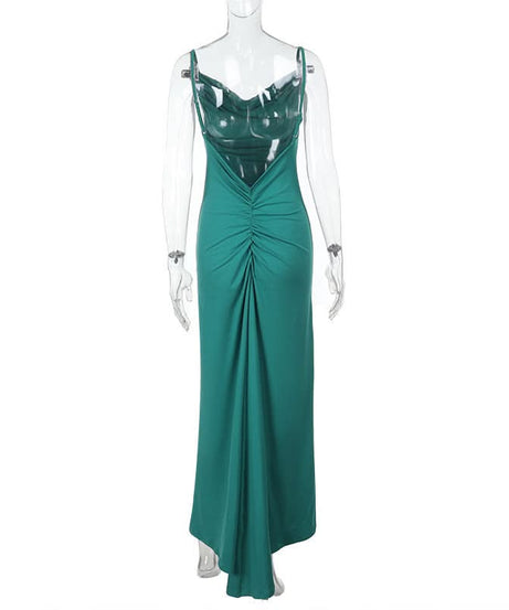 Emerald Green Ruched Cowl Neck Backless Maxi Dress – Holiday & Gala Ready