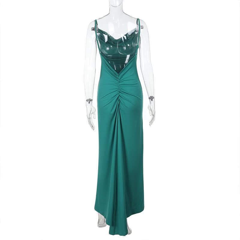 Emerald Green Ruched Cowl Neck Backless Maxi Dress – Holiday & Gala Ready