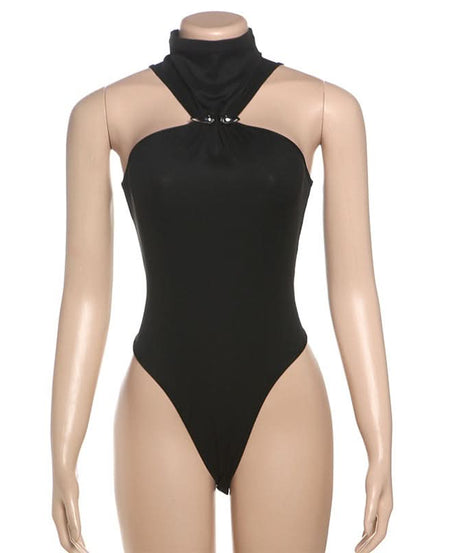 Chic Black High-Neck Sleeveless Bodysuit with O-Ring Detail – Your Fall Fashion Essential