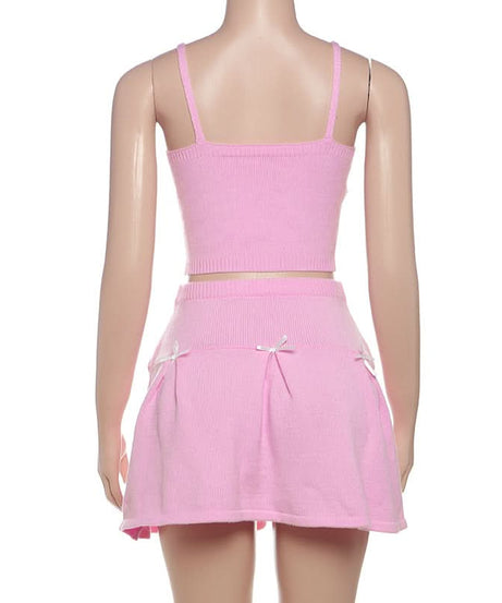 Dreamy Coquette Pink Knit Set: Bow Cami Crop Top & Pleated Mini Skirt (Perfect for Fall Styling!)