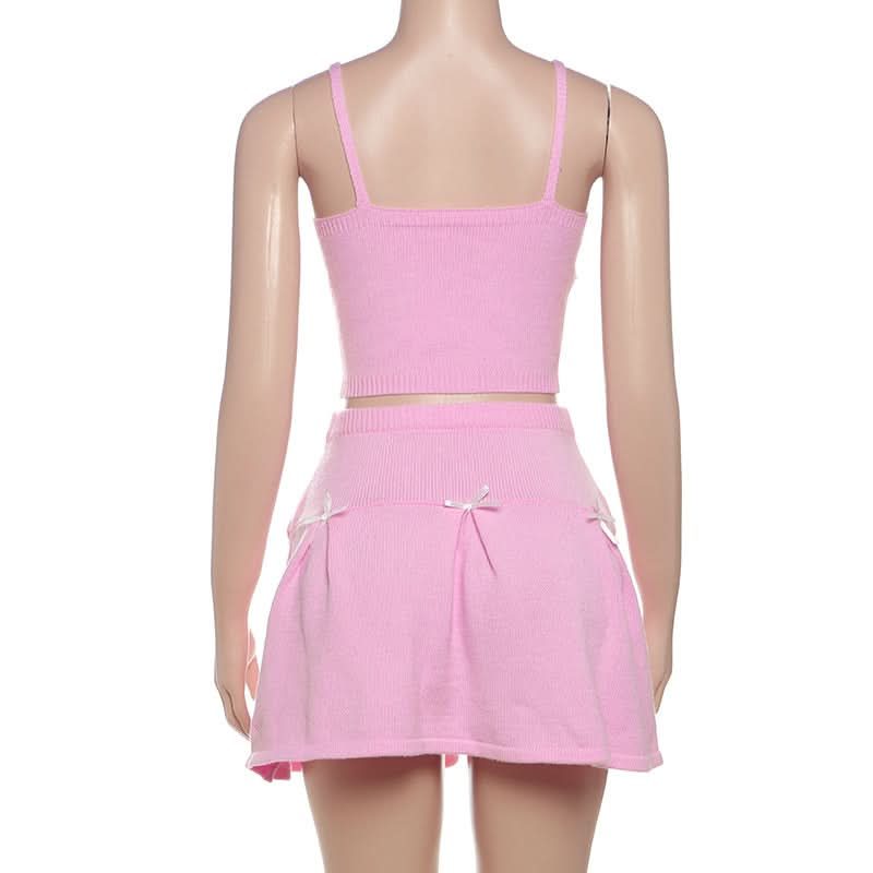Dreamy Coquette Pink Knit Set: Bow Cami Crop Top & Pleated Mini Skirt (Perfect for Fall Styling!)