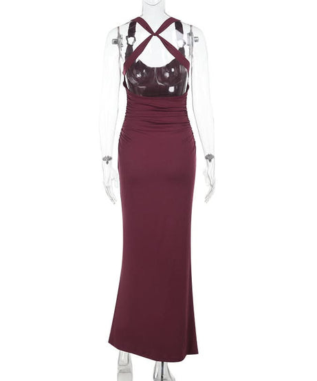 Elegant Burgundy Ruched Cowl Neck Maxi Dress | Chic Cross-Back Formal Gown for Fall & Holidays