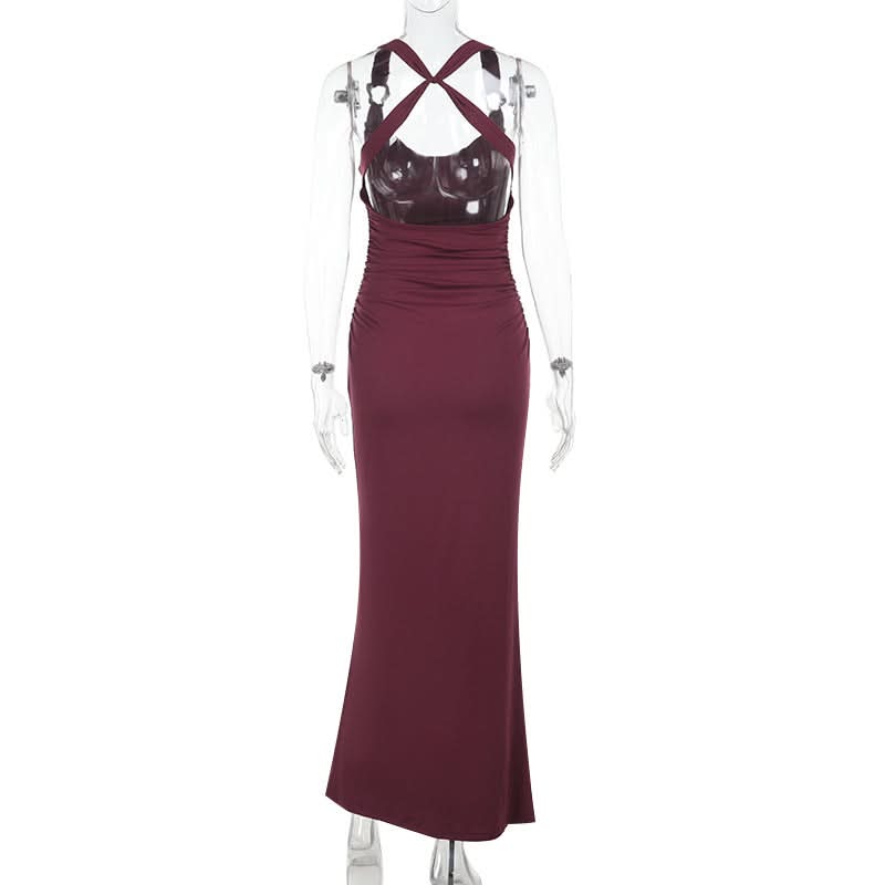 Elegant Burgundy Ruched Cowl Neck Maxi Dress | Chic Cross-Back Formal Gown for Fall & Holidays
