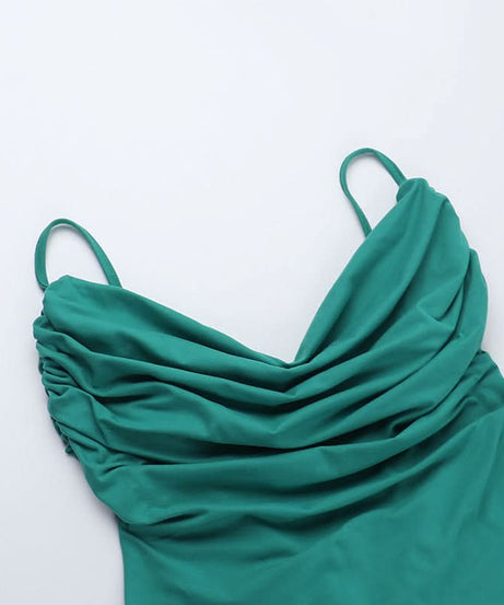 Emerald Green Ruched Cowl Neck Backless Maxi Dress – Holiday & Gala Ready